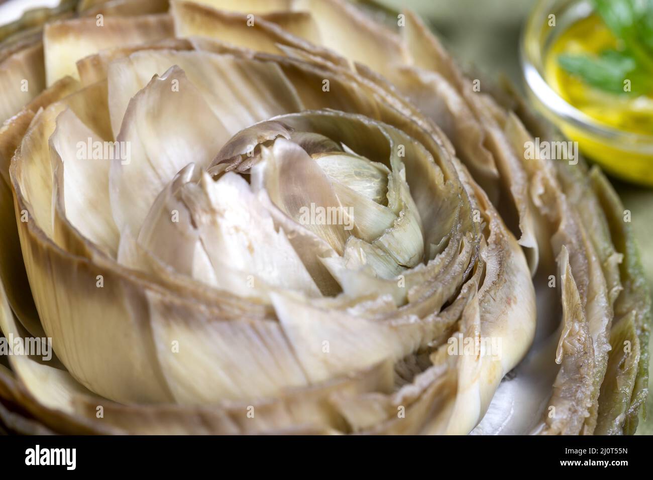 Cooked artichoke on a green plate Stock Photo