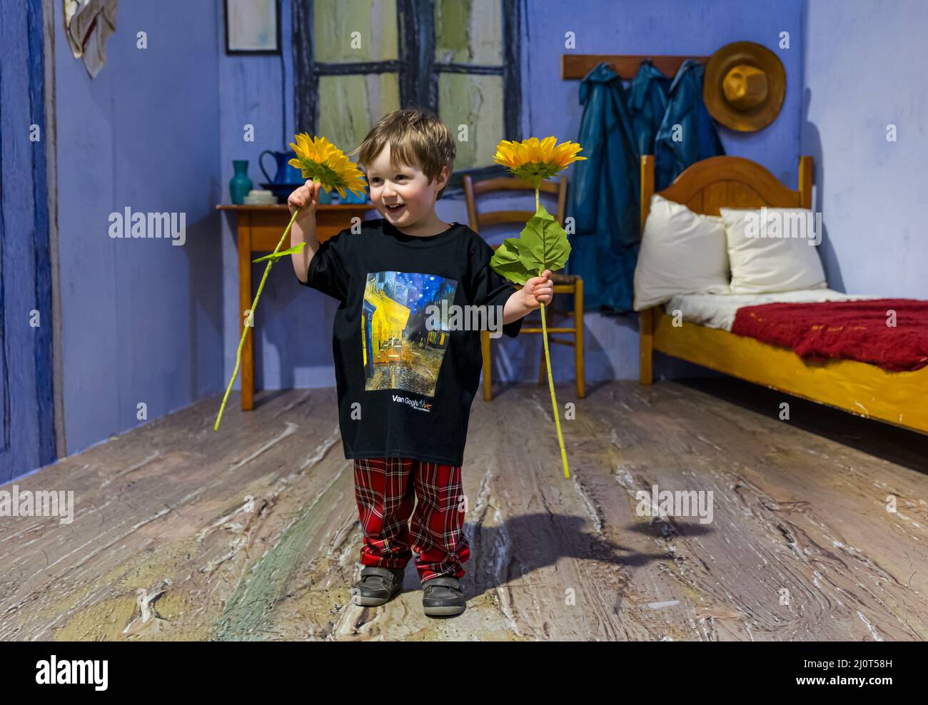 Young child with sunflowers in Room at Arles recreation at Van Gogh Alive art experience, Edinburgh, Scotland, UK Stock Photo