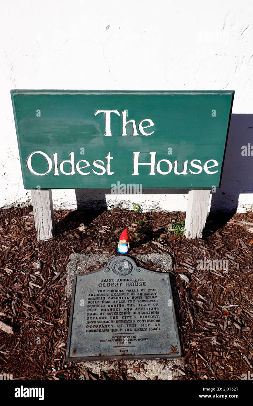 The sign of the oldest house in front of the oldest house museum complex in Old Town of St.Augustine.Florida.USA Stock Photo