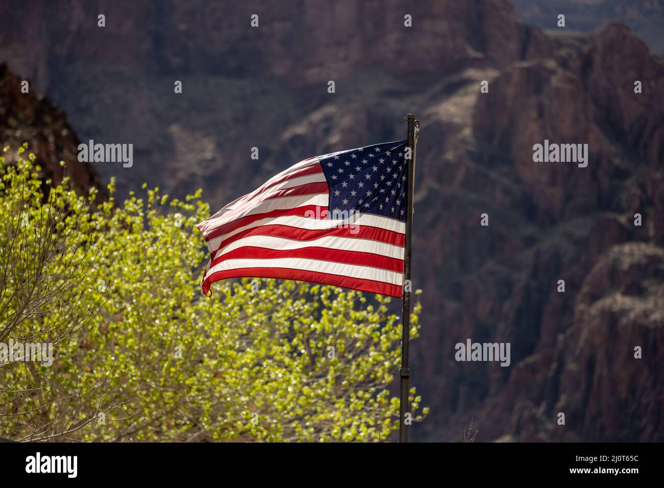 American Flag Blows In The Wind At The Bottom Of The Grand Canyon at ranger station Stock Photo