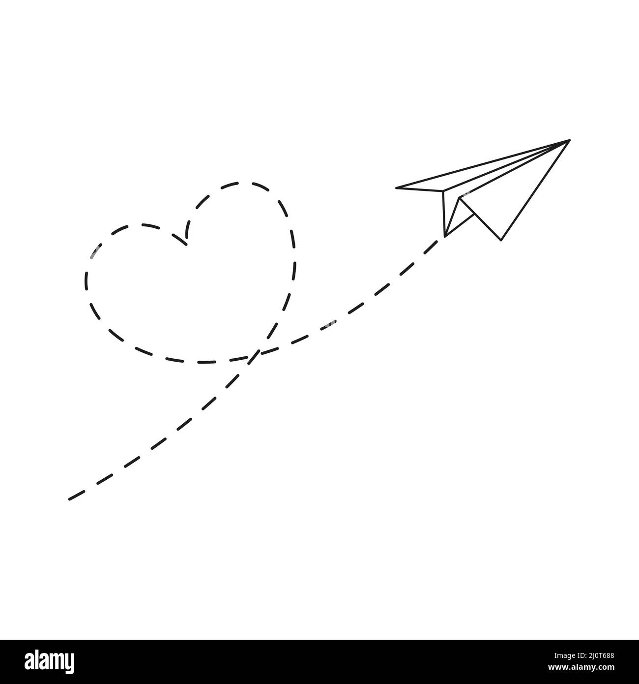 Paper airplane with line dotted route in heart shape. Sending message linear fold plane. Vector isolated on white. Stock Vector
