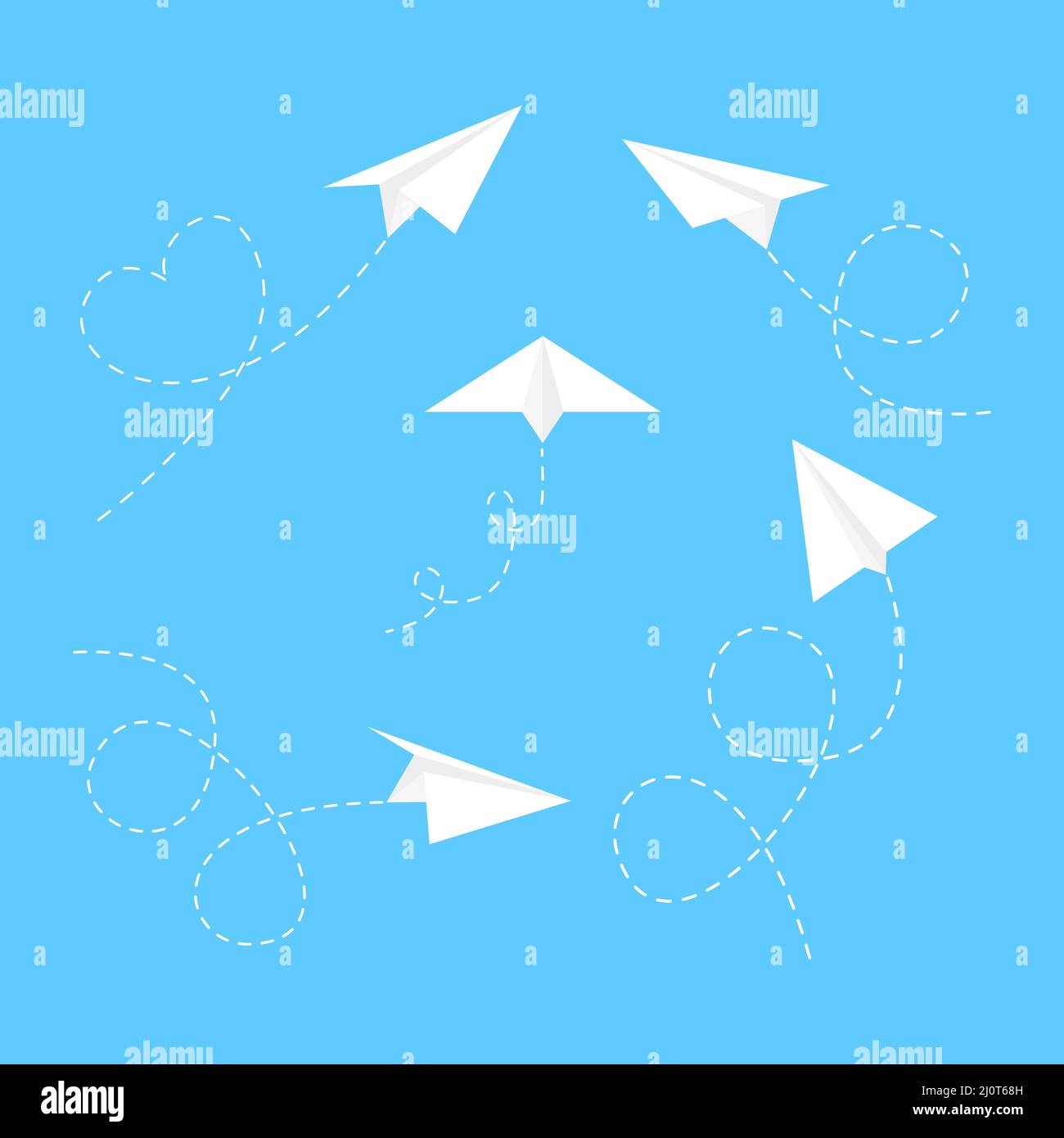 Paper white airplanes with line dotted route set. Sending message linear fold planes collection. Stock Vector