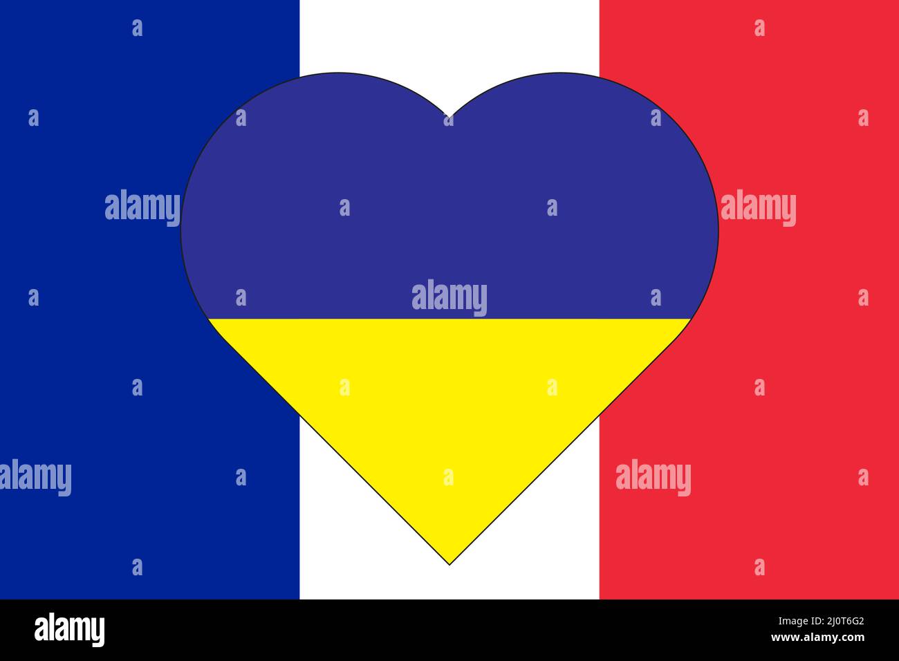 A heart painted in the colors of the flag of Ukraine on the flag of France. Illustration of a blue and yellow heart on the national symbol. Stock Vector