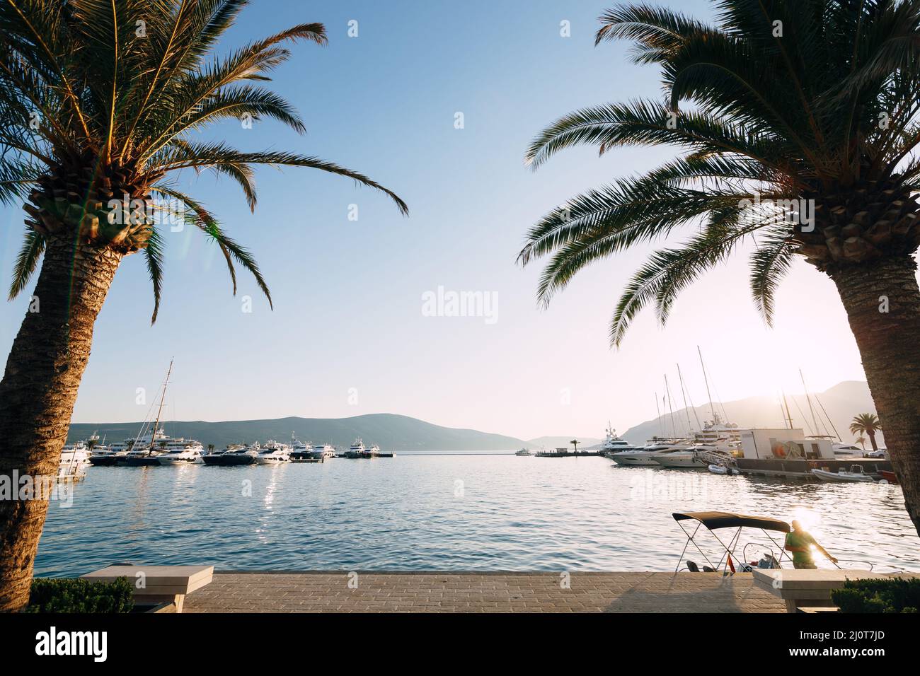View from the coast to the marina in the resort of Porto. Montenegro Stock Photo