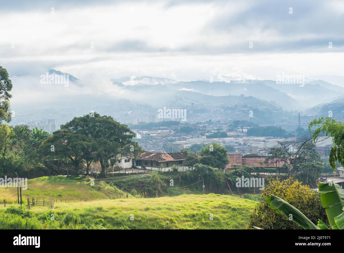 beautiful panoramic view in the municipality of Dosquebradas-Risaralda, Colombia seen from the mountains. farm near the city of Pereira on a cold morn Stock Photo