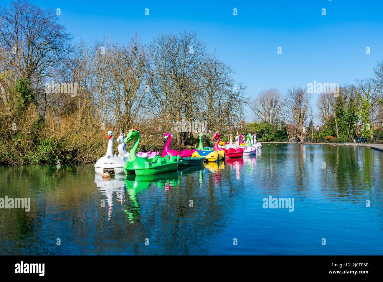 LONDON, UK - MARCH 19, 2022: View of boating lake with pedal boats on at Alexandra Palace in London Stock Photo