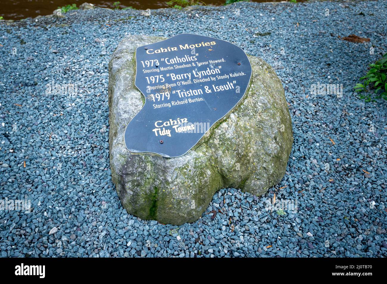 Stone plaque at Cahir Castle Ireland showing famous movies made at the site.  Stock Photo
