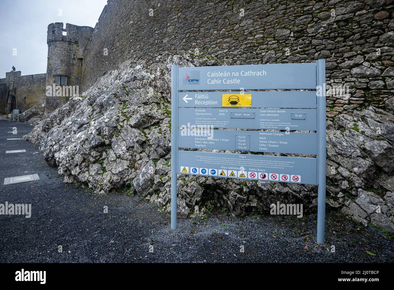 Entrance sign at gates of the medieval Cahir Castle, Tipperary, Ireland. Stock Photo