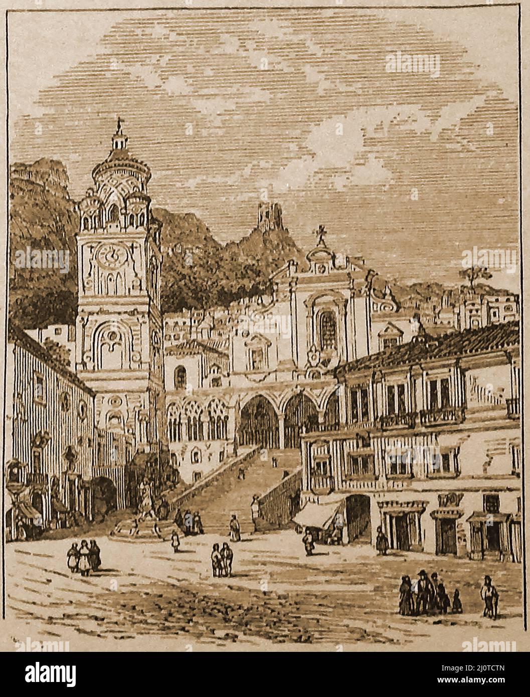 A 19th century image of Amalfi Cathedral (Duomo di Amalfi; Cattedrale di Sant 'Andrea), dedicated to St Andrew. Its earliest construction began in the 8th and 10th centuries and contains, Byzantine,  Arab-Norman, Gothic, Renaissance and  Baroque elements in its architecture, Stock Photo