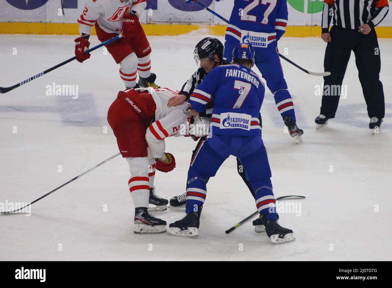 Saint Petersburg, Russia. 20th Mar, 2022. SKA Hockey Club player, Oscar  Fantenberg (No.7) and Spartak Hockey Club player, Jori Lehtera (No.21) seen  in action during the Kontinental Hockey League, Gagarin Cup, KHL