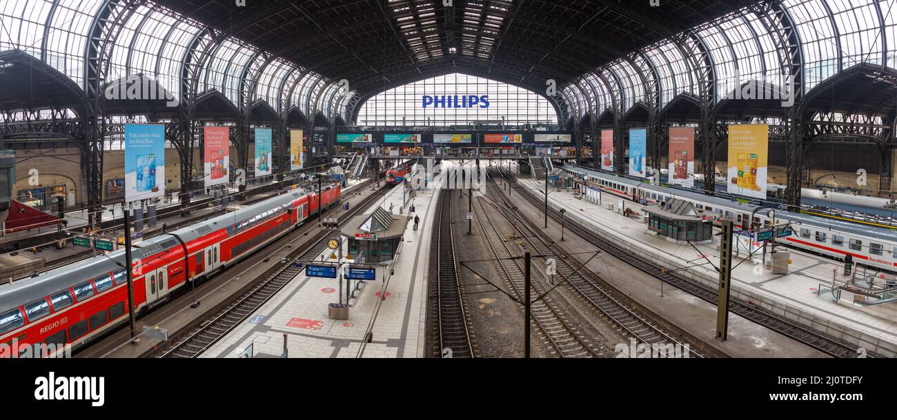 Hamburg central station Hbf in Germany of Deutsche Bahn DB with trains panorama Stock Photo
