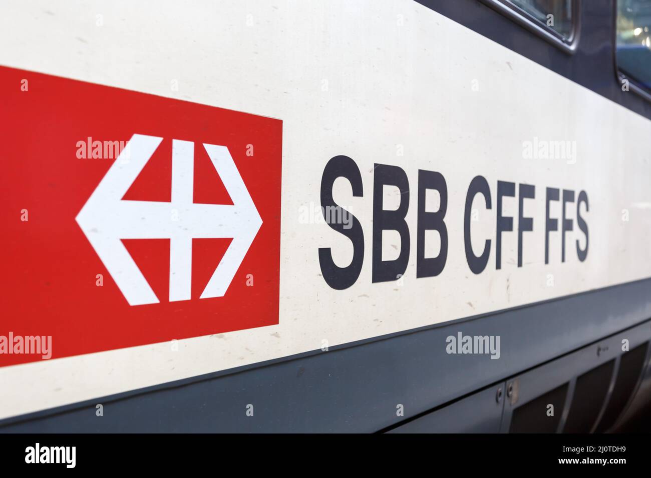 SBB Swiss Federal Railways logo sign on a train at Basel station in Switzerland Stock Photo