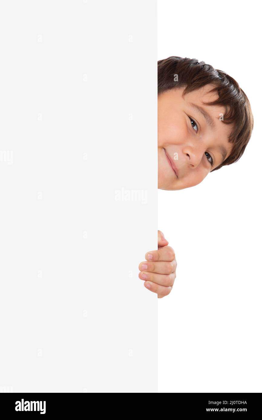 Child boy looking at advertisement marketing blank sign with text free space copyspace cropped isolated portrait Stock Photo