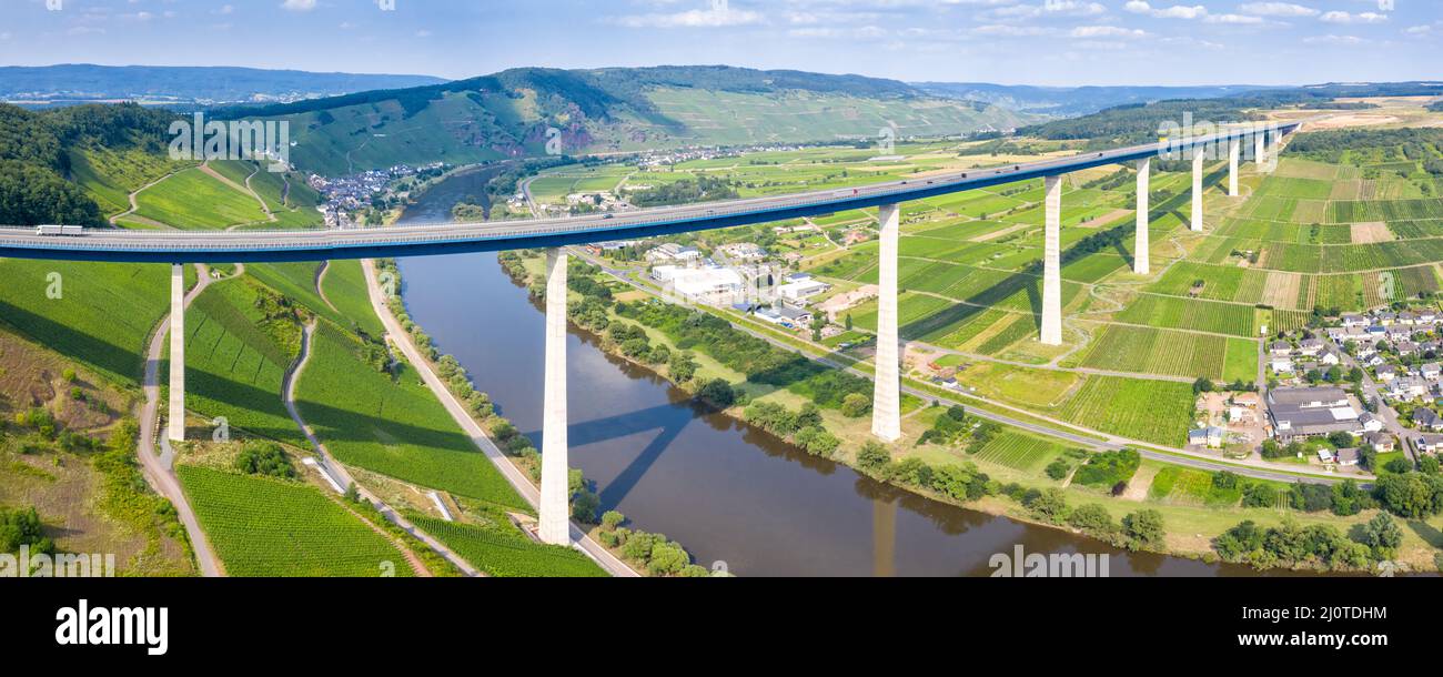 High Moselle bridge bridge over river Moselle panorama in Zeltingen Germany Stock Photo