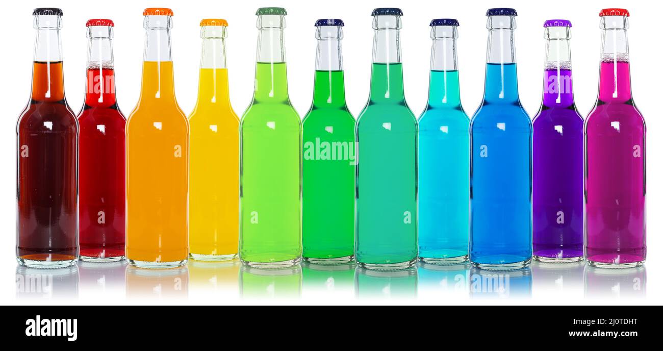 Drinks lemonade cola many soft drinks in bottles in a row isolated exempted exempted Stock Photo