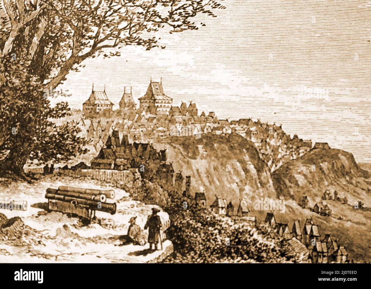 A 19th century engraving showing a view of old defence cannons on the hills near Antananarivo, (aka Tananarive or simply Tana), Madagascar. It is its largest and its Capital City. The administrative area is known as Antananarivo-Renivohitra ,Antananarivo-Mother Hill  or Antananarivo-Capital. Stock Photo