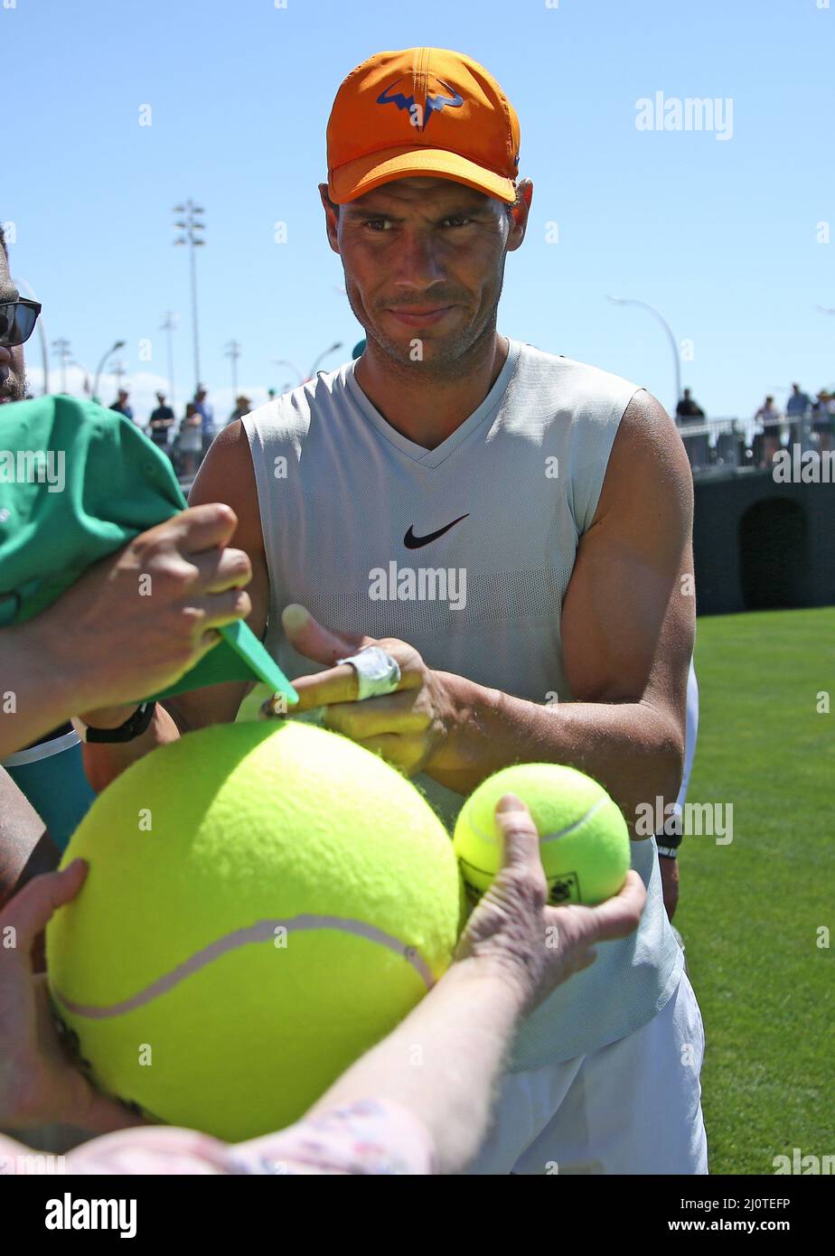 Indian Wells, United States. 20th Mar, 2022. Rafael Nadal of Spain signs autographs for fans before his men's final match against American Taylor Fritz at the BNP Paribas Open in Indian Wells, California on Sunday, March 20, 2022. Photo by David Silpa/UPI Credit: UPI/Alamy Live News Stock Photo
