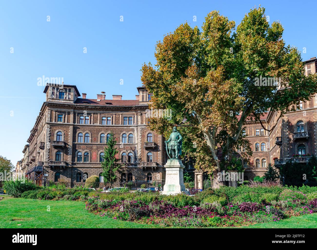 Beautiful old painted buildings at Kodaly Korond, Budapest, Hungary, a square on the intersection of Andrassy Ave and Szinyei Merse utca. Stock Photo