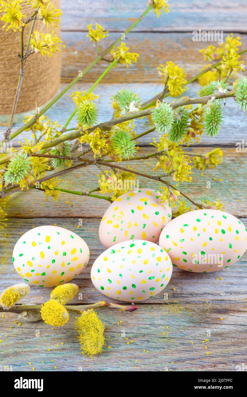 Easter composition of blooming willow twigs, dogwoods and Easter eggs ...