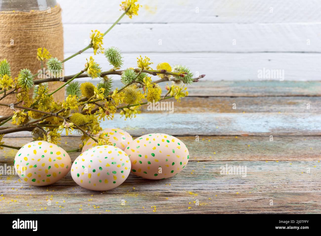 Easter composition of flowering twigs of willow, dogwood and Easter ...