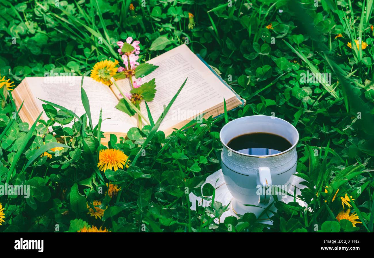 Open book and a Cup of hot coffee on a green meadow in the summer or spring morning Stock Photo