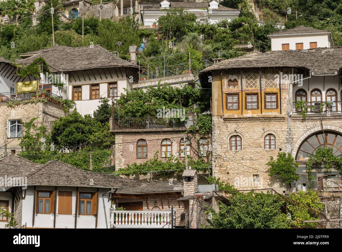 Old ottoman houses in Gjirokaster, Albania close-up Stock Photo