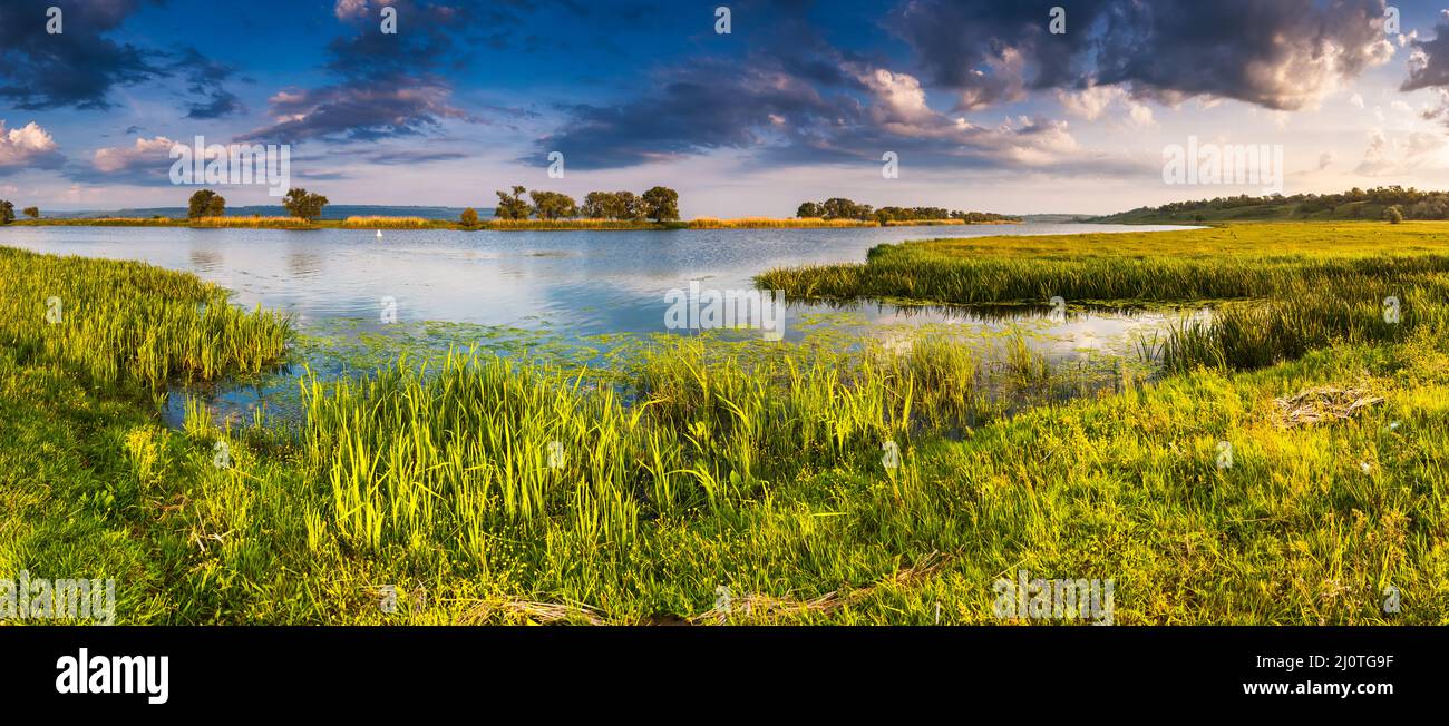 Beautiful view of sinuous river in summer. Southern Buh River, Ukraine, Europe. Beauty world. Stock Photo