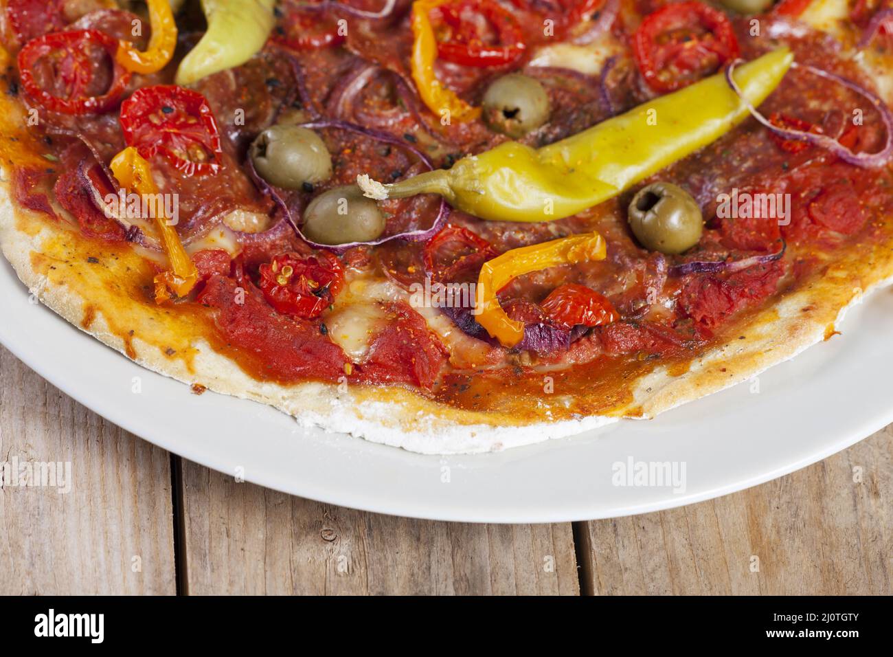 Detail of a pizza with pepperoni Stock Photo