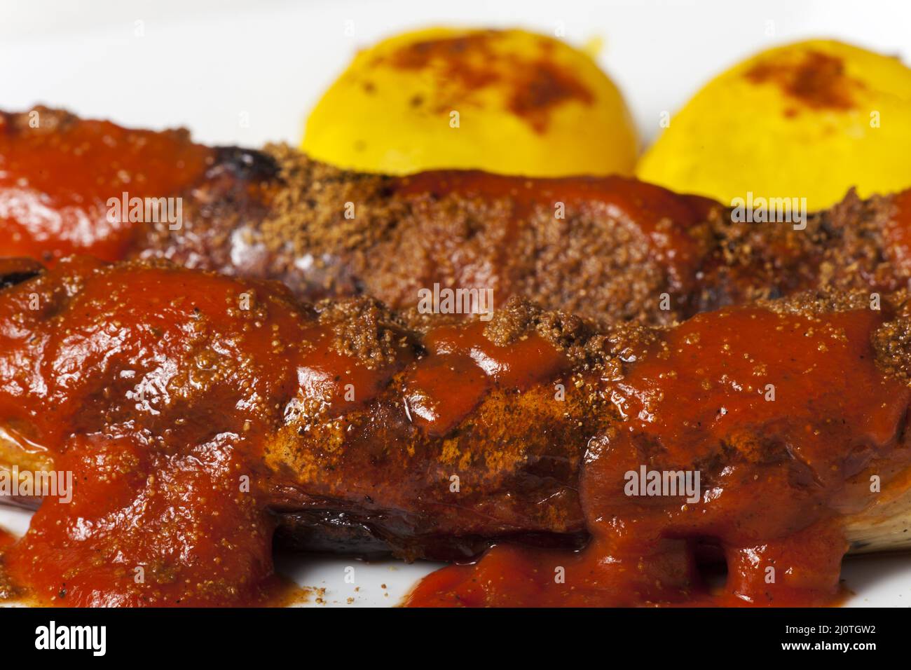 German curry sausage close up Stock Photo