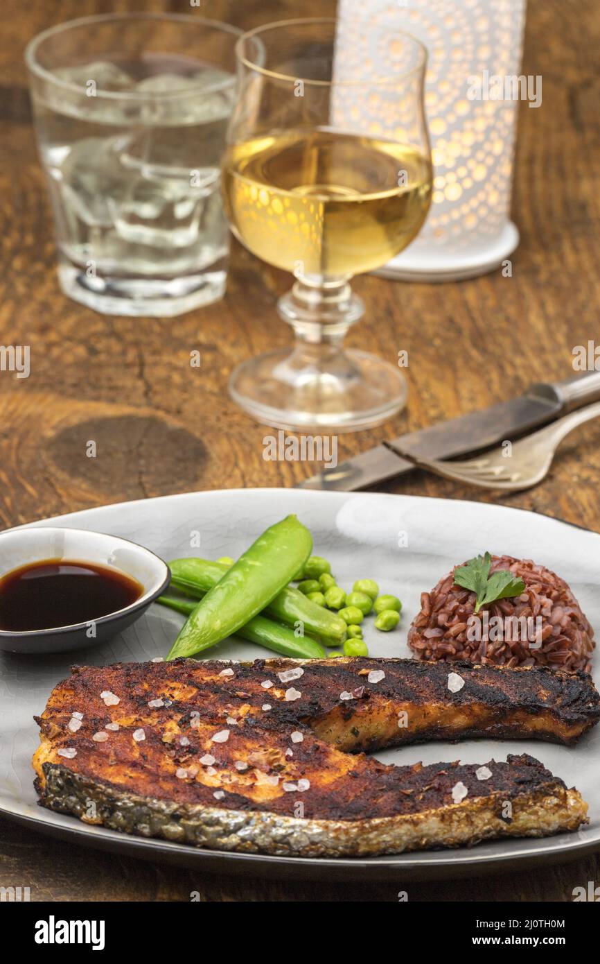 Grilled salmon on a plate Stock Photo