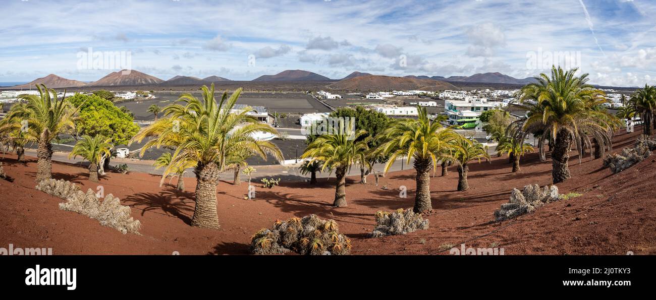 Panoramic view of Yaiza and the volcanic landscape in Lanzarote, Spain on 9 March 2022 Stock Photo