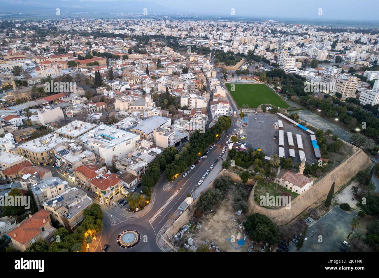 Aerial drone top view of the cityscape of Nicosia in Cyprus Stock Photo