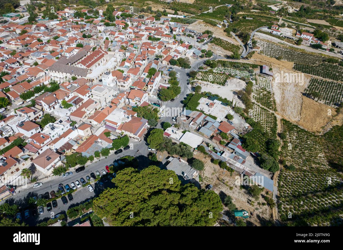 Aerial drone photograph of the mountain village of omodos. Larnaca Cyprus Stock Photo