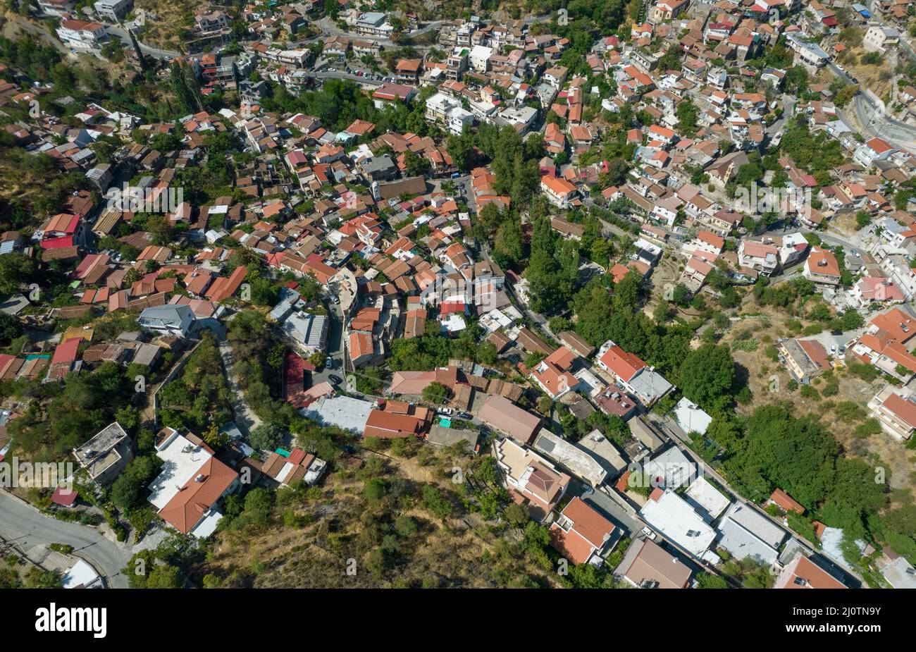 Aerial drone photograph of the mountain village of Palaichori. Nicosia  Cyprus Stock Photo