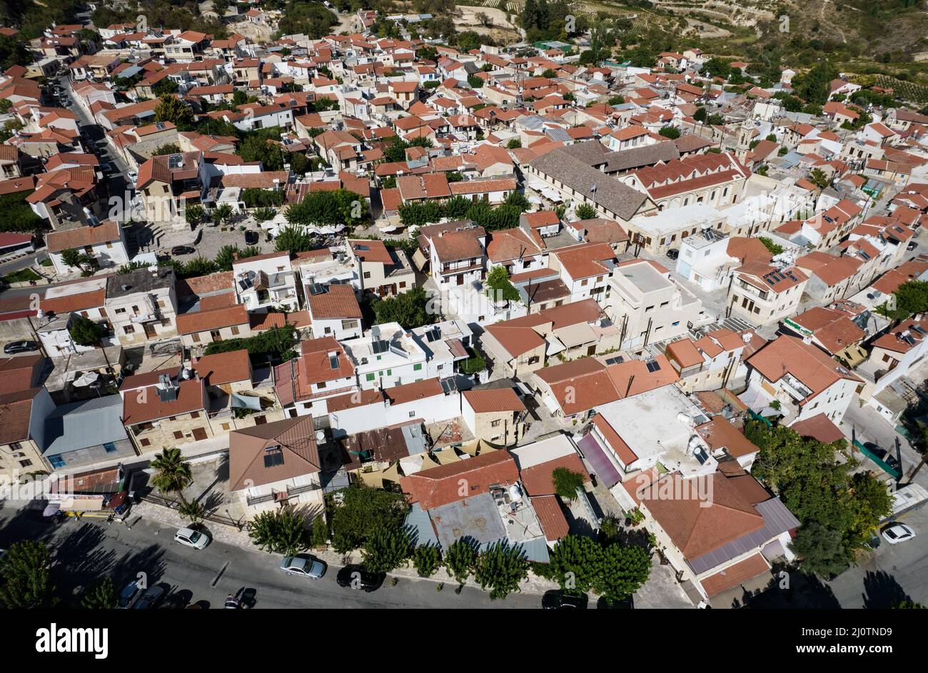 Aerial drone photograph of the mountain village of omodos. Larnaca Cyprus Stock Photo