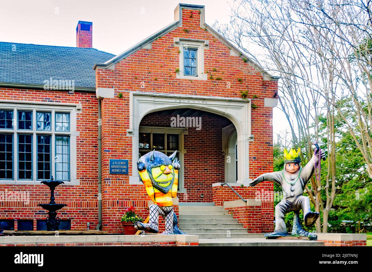 Characters from the children’s book, “Where the Wild Things Are,” are part of an ad agency’s Mardi Gras decorations, March 5, 2022, in Mobile, Alabama. Stock Photo