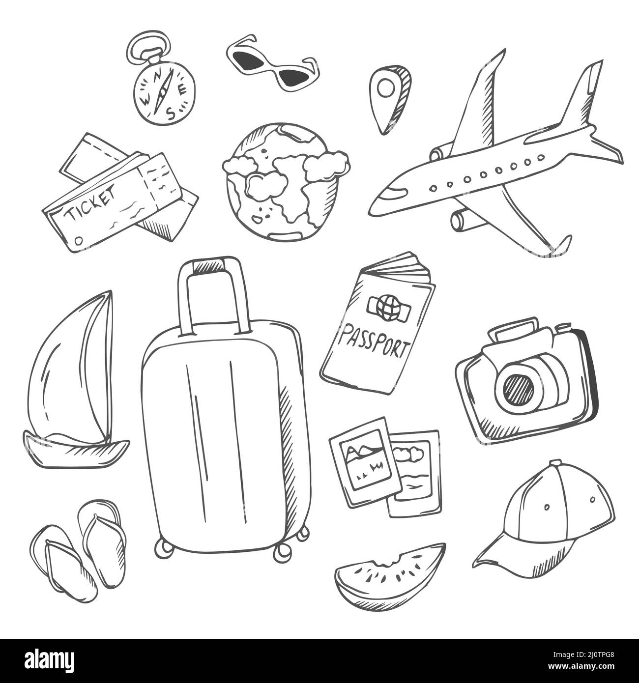 Set of hand drawn travel doodle. Vector illustration. Tourism and summer sketch with travelling elements: compass, bikini, sunglasses, camera, cocktai Stock Vector