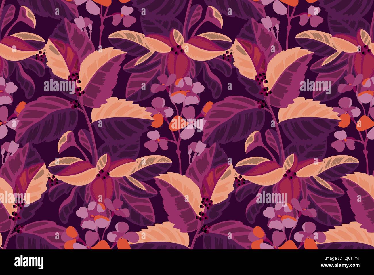 Vector floral seamless pattern. Purple flowers and leaves isolated on a burgundy background. Stock Vector