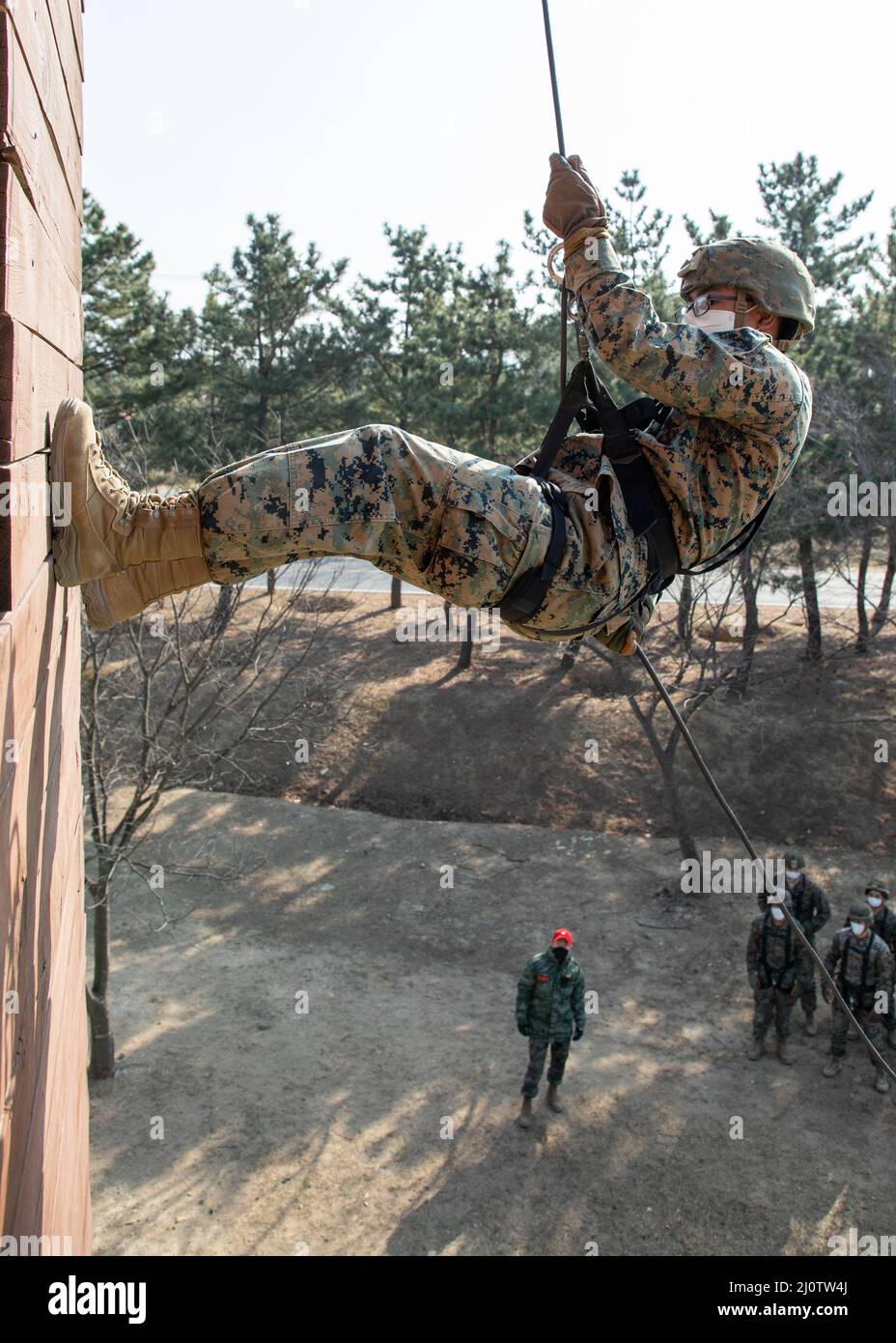 U.S. Marine Corps Lance Cpl. Leh Htoo, an engineer equipment mechanic with 3D Sustainment Group (Experimental), 3D Marine Logistics Group, top, rappels during a ropes course with U.S. Marine Corps Forces Korea and Republic of Korea Marine Corps Ranger School in Pohang, South Korea, Jan. 27, 2022. The course increased the Marines’ readiness with rappelling and rope work while improving interoperability with our partners and allies. (U.S. Marine Corps photo by Sgt. Ash McLaughlin) Stock Photo