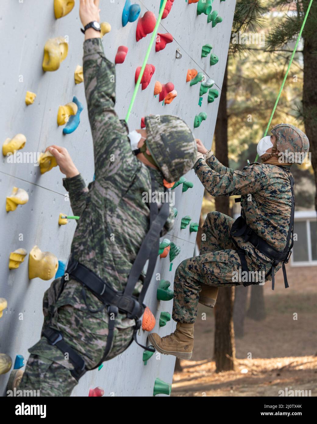 U.S. Marine Corps Cpl. Jason Hernandez, an engineer equipment mechanic with 3D Sustainment Group (Experimental), 3D Marine Logistics Group, right, competes in a rock climbing competition during a ropes course with U.S. Marine Corps Forces Korea and Republic of Korea Marine Corps Ranger School in Pohang, South Korea, Jan. 27, 2022. The course increased the Marines’ readiness with rappelling and rope work while improving interoperability with our partners and allies. (U.S. Marine Corps photo by Sgt. Ash McLaughlin) Stock Photo