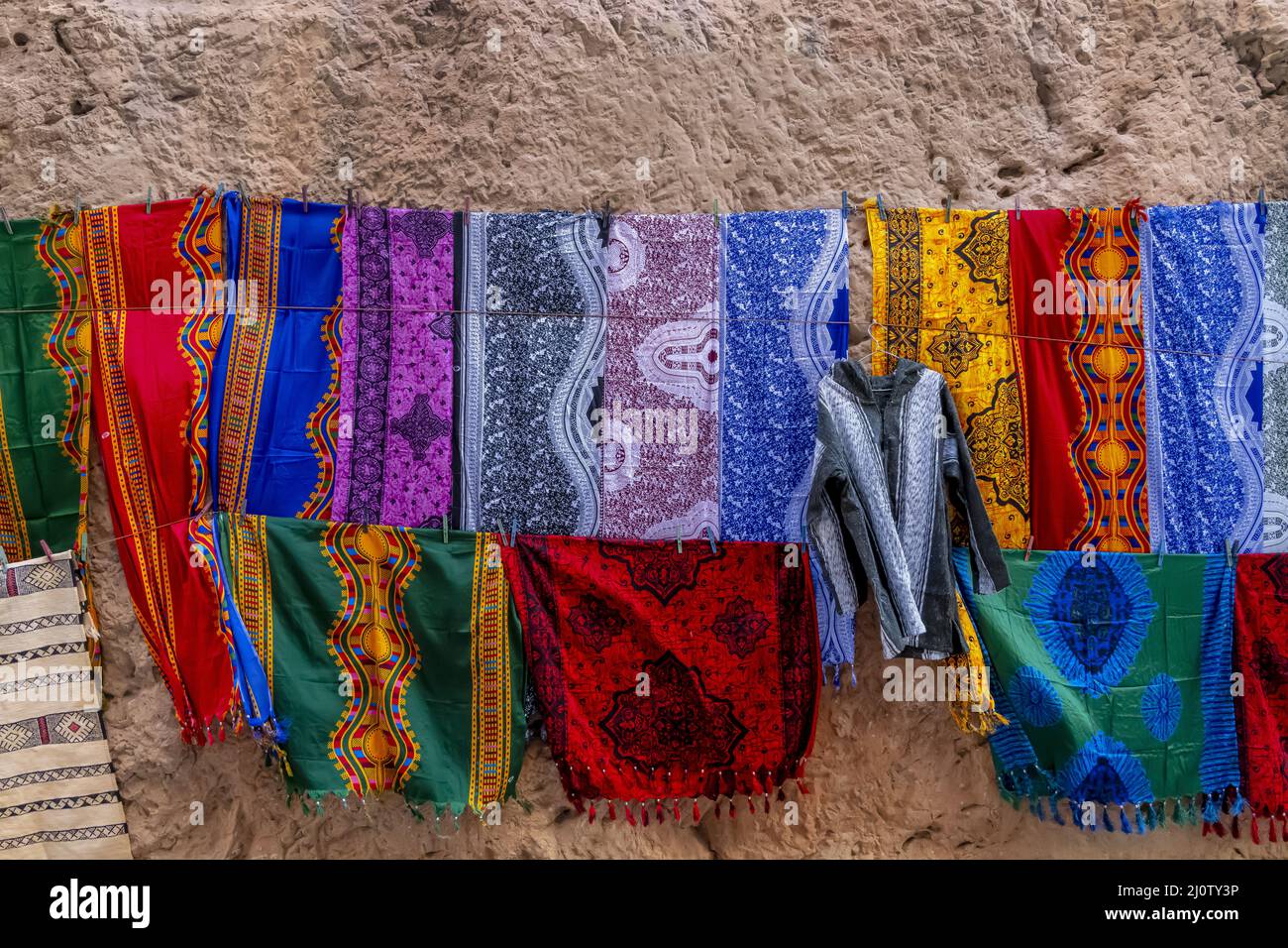 Colorful Clothing And Materials Are Sold In The Open Market In The City Of Fes, Morocco, Africa Stock Photo