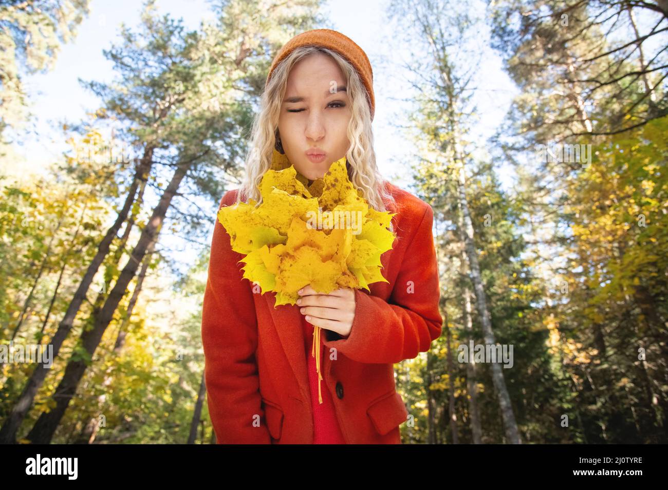 Attractive white Caucasian girl wink in red polto and orange hat is confused with a bouquet of leaves in her hands against the b Stock Photo