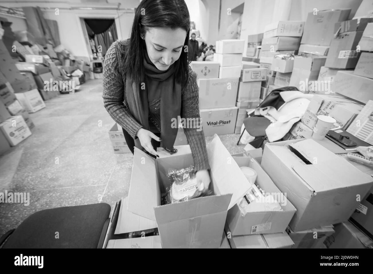 The largest humanitarian distribution center in the city of Dnipro in eastern Ukraine. Stock Photo
