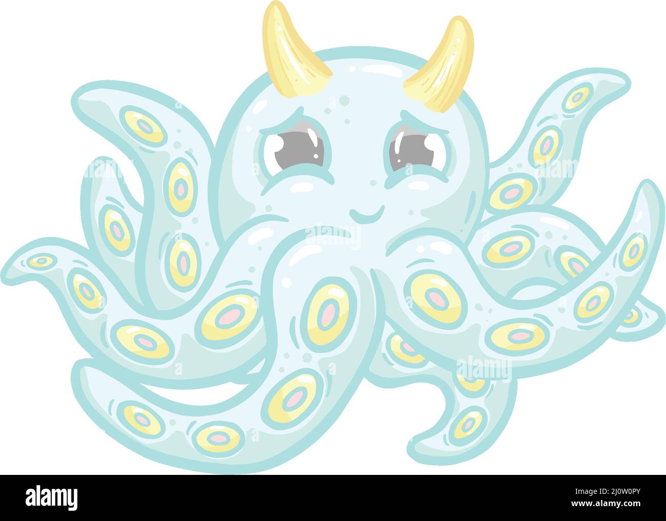 Octopus Cute Kawaii Cartoon Creature With Horns and Tentacles Stock ...