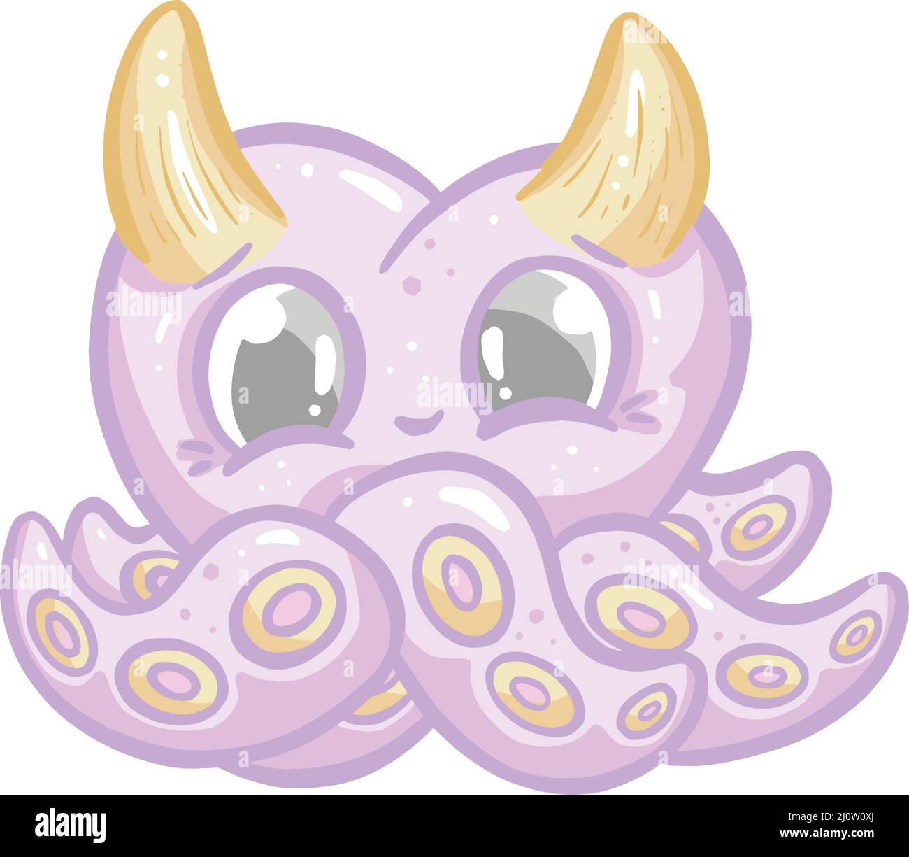 Octopus Cute Kawaii Cartoon Creature With Horns and Tentacles Stock ...