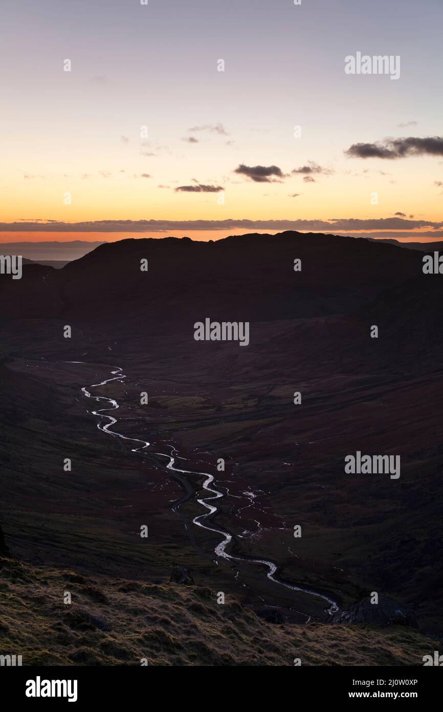 River Duddon in Wrynose Bottom, seen after sunset in the English Lake District Stock Photo