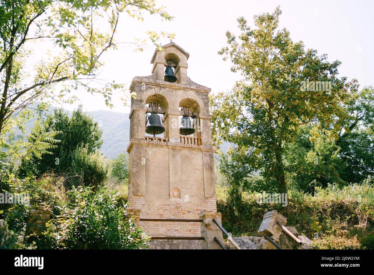 Separate building of the bell tower of the Church of the Nativity of the Virgin in Prcanj Stock Photo