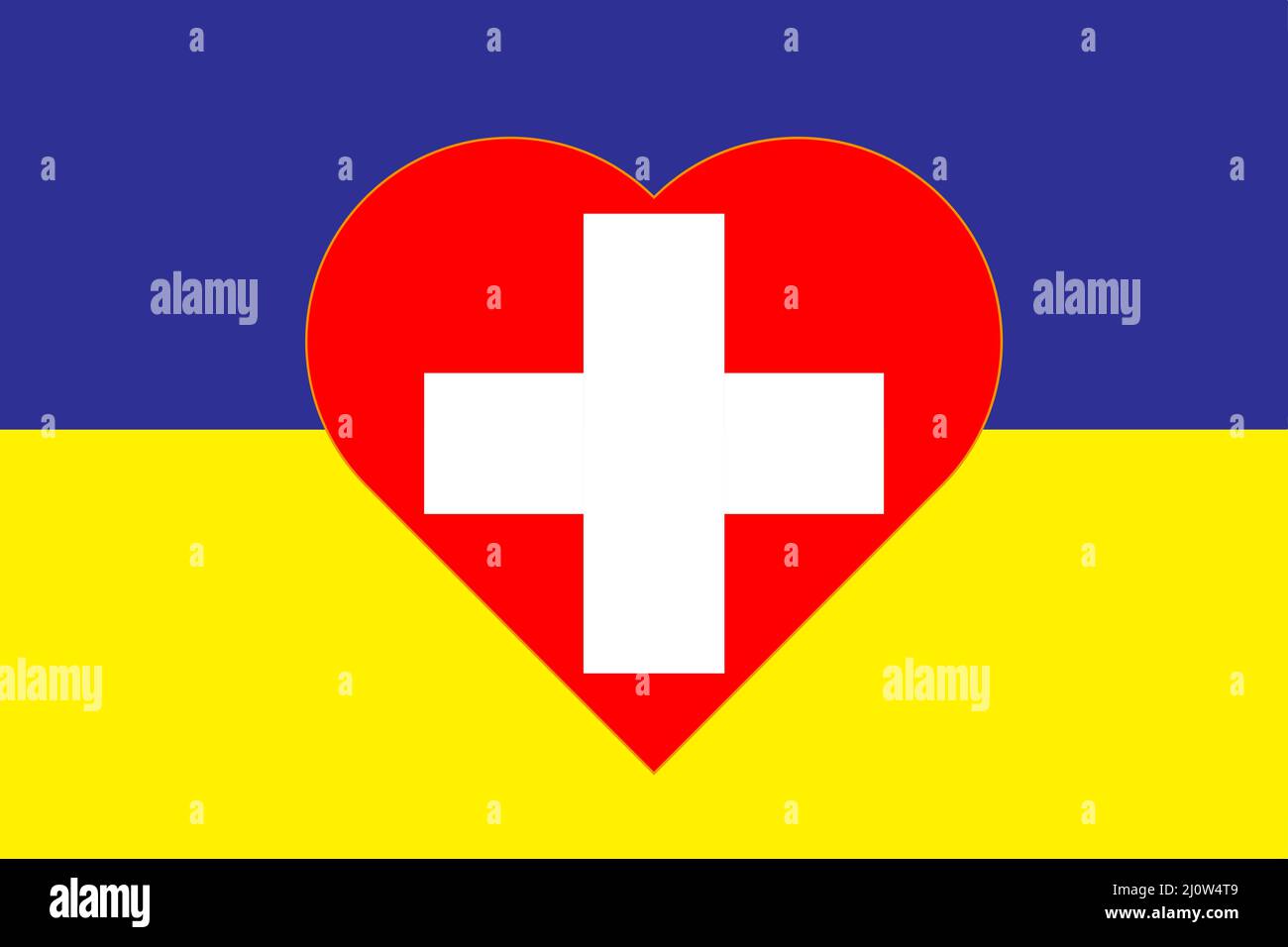 Heart painted in the colors of the flag of Switzerland on the flag of Ukraine. Illustration of a heart with the national symbol of Switzerland on a bl Stock Vector