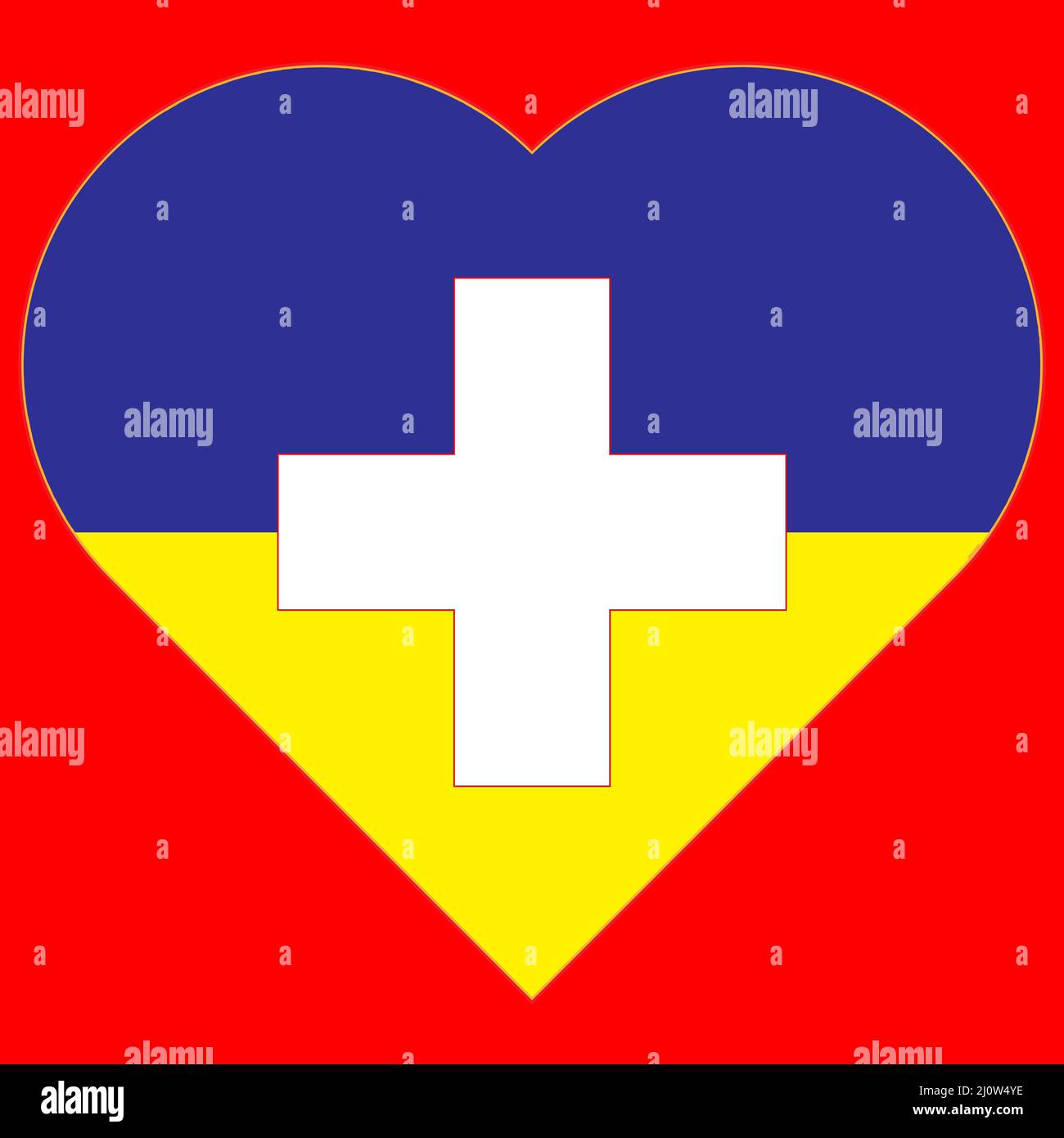 A heart painted in the colors of the flag of Ukraine on the flag of Switzerland. Illustration of a blue and yellow heart on the national symbol. Stock Vector