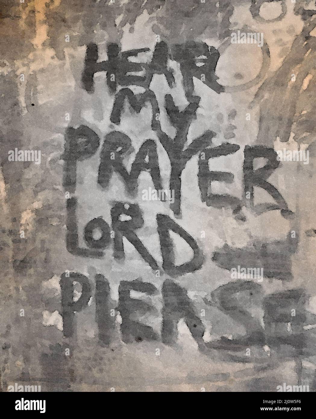 Abstract graffiti art that says Hear My Prayer Lord Please.  Image is made of smeared lettering with black smudges and brown discoloration. Stock Photo